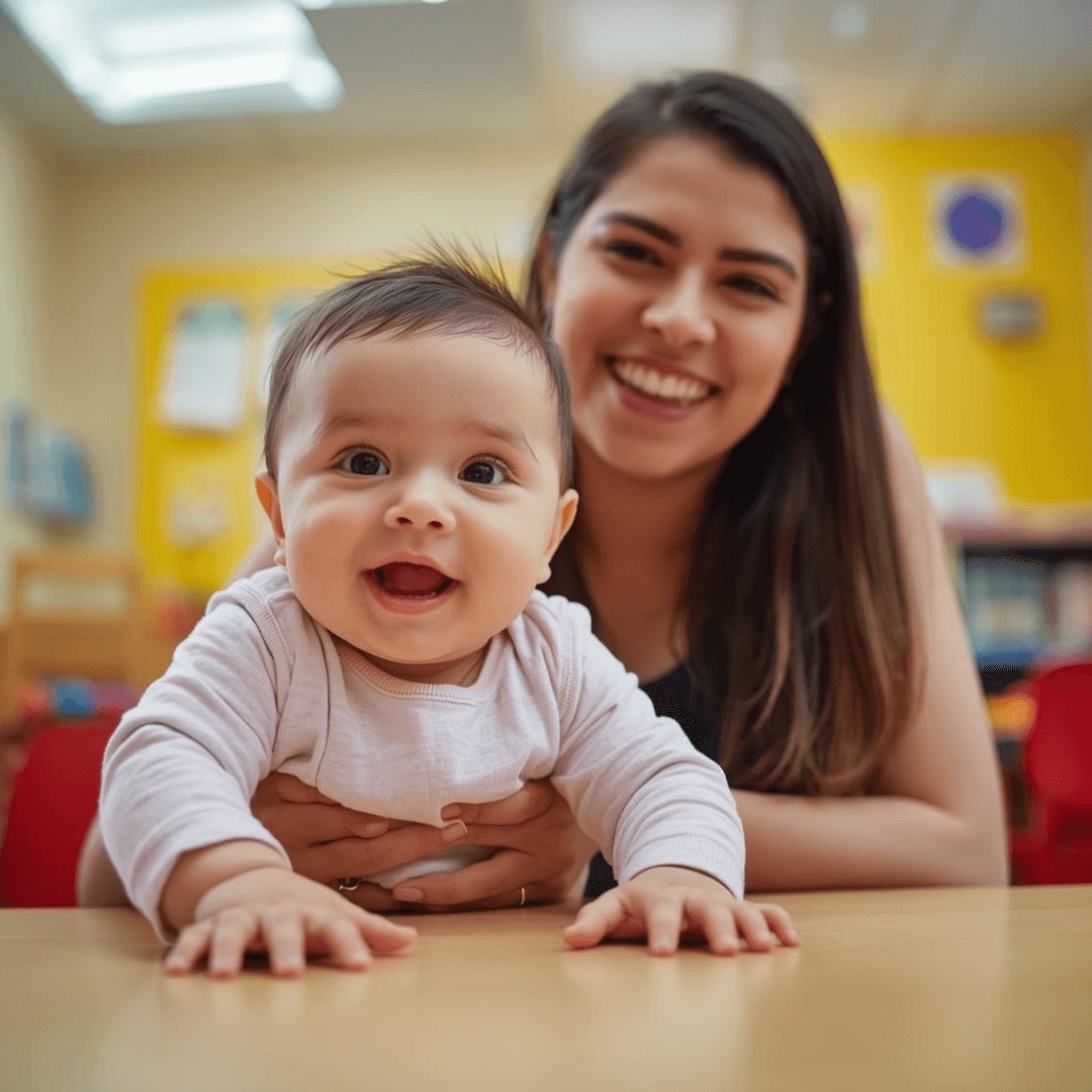 Infant child at day care with teacher in Beaverton, OR.