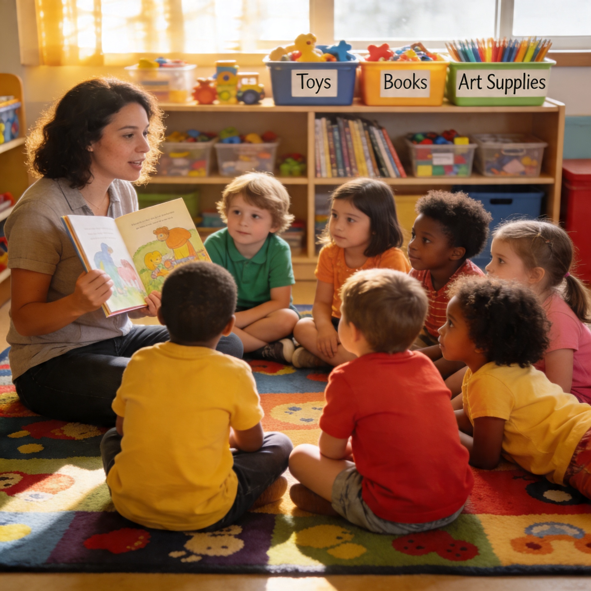 Teacher reading to kids at preschool.